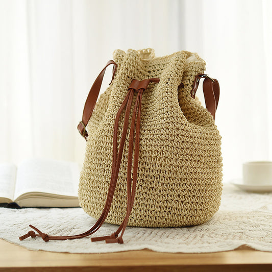 Ethnic Style Drawstring Straw Bag